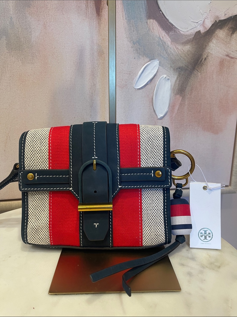 NWT Tory Burch Navy, Red and Cream Striped Crossbody Bag